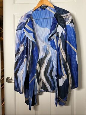 Ming Wang Blue Abstract Pleated Open Drape Jacket